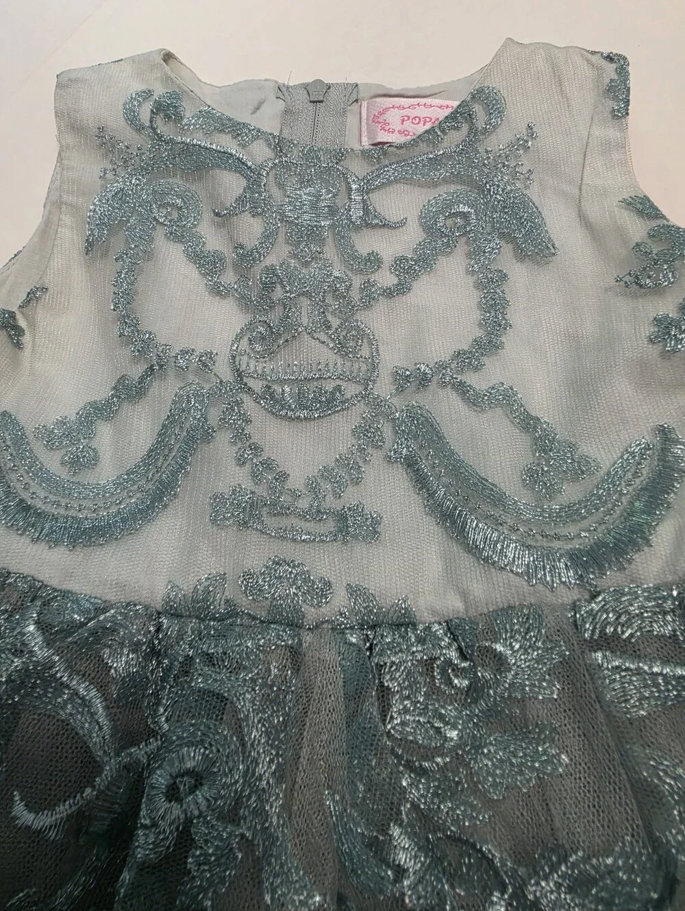 Popatu Special Occasion Embroidery Sage Green Tulle Overlay Fairytale Dress 3T